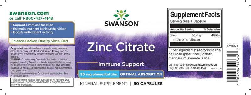 Zinc Citrate 50 miligrame 60 capsule Swanson