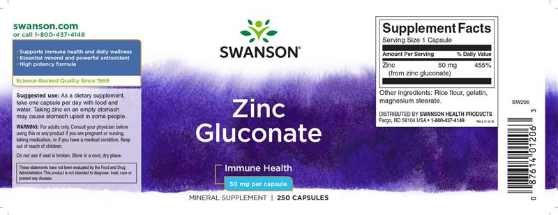 Zinc Gluconate 50 miligrame 250 capsule Swanson