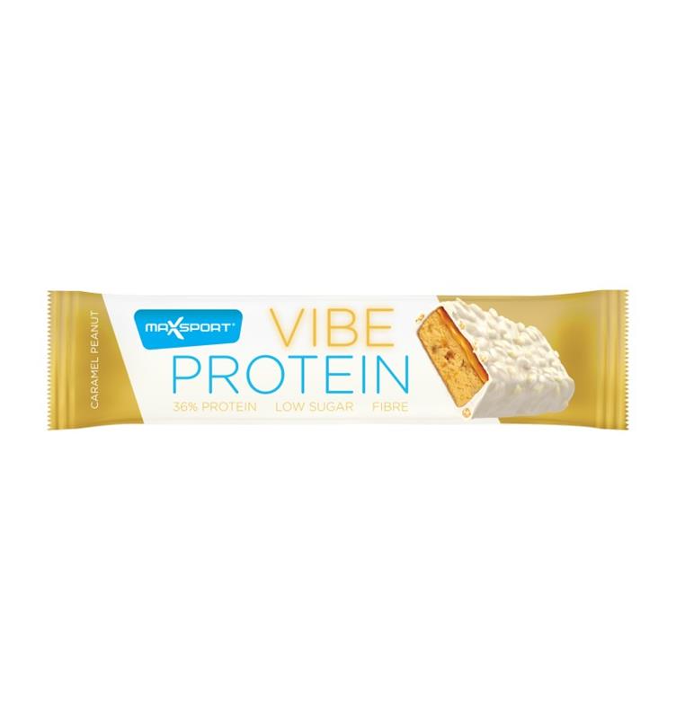 Baton Proteic cu Caramel si Alune in Glazura de Ciocolata Alba 55 grame Max Sport