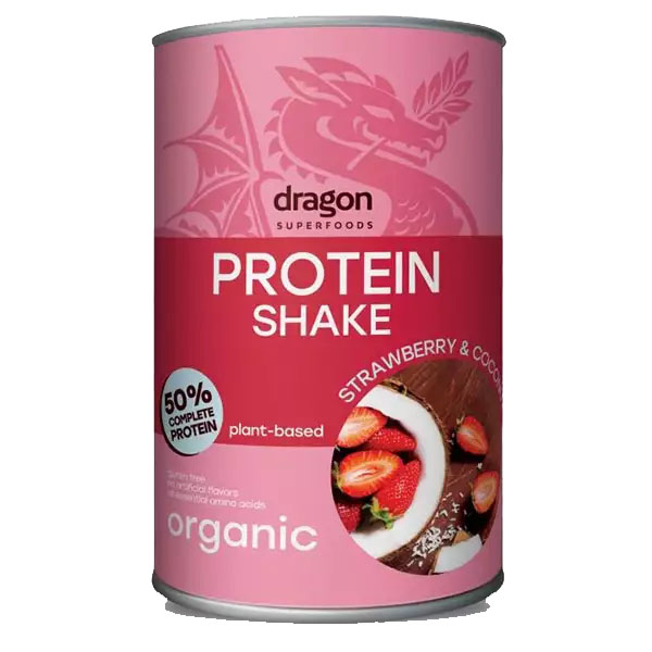 Shake Proteic Capsuni si Cocos 50% Proteine Bio 450 grame Dragon Superfoods